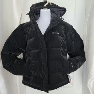 Columbia Bulo Point III Puffer Down Hooded Jacket Black Velvet Sheen Ladies M